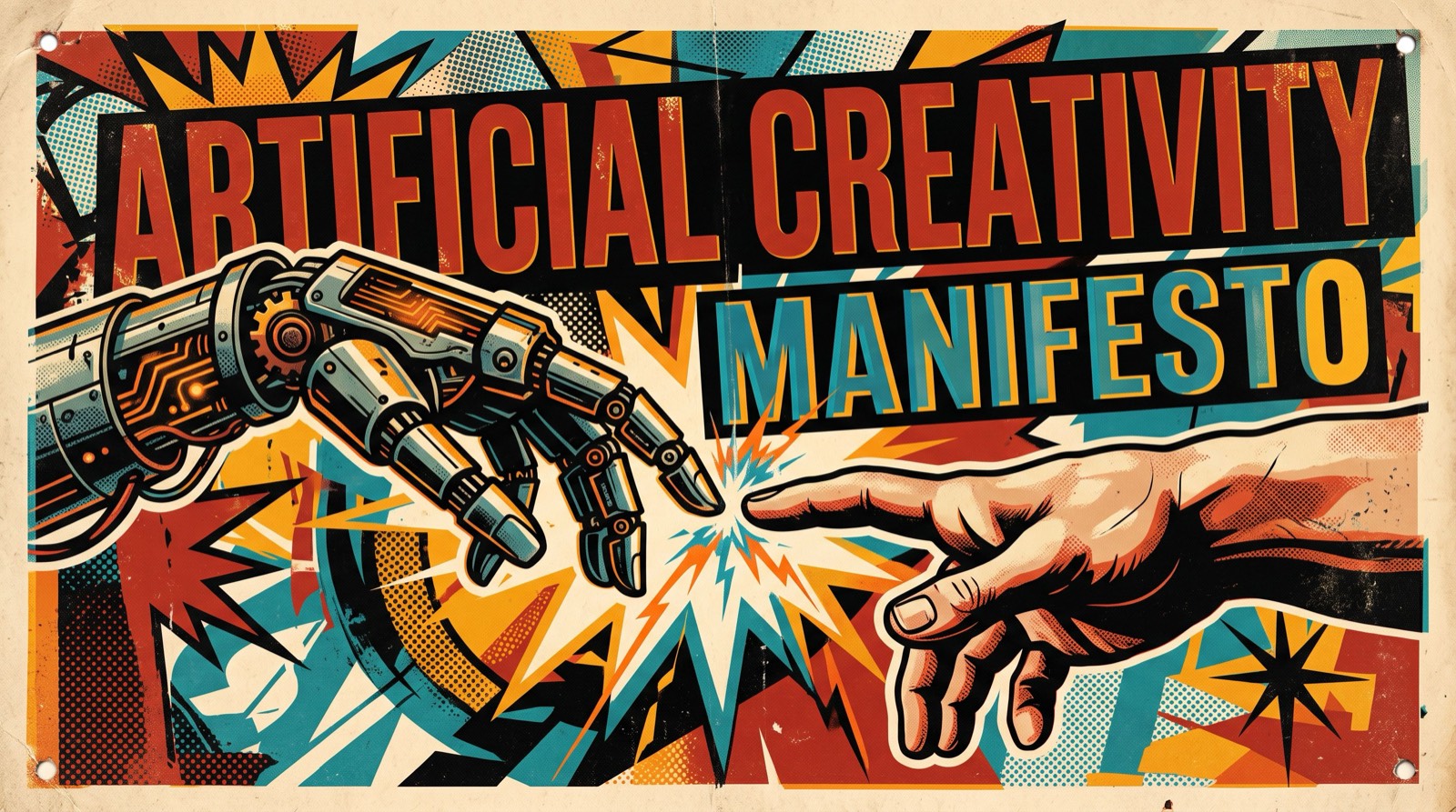 A robotic hand and a human hand reaching toward each other, sparking at the fingertips